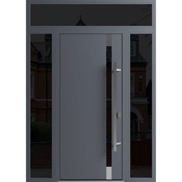 Front Exterior Prehung Steel Door / Ronex 1011 Grey / 2 Sidelight and Transom Window Sidelite / Stainless Inserts Entry Metal Modern Painted W12+36+12" x H80+16" Left hand Inswing