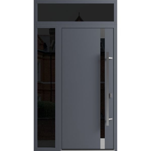Front Exterior Prehung Steel Door / Ronex 1011 Grey / Sidelight and Transom Window Sidelite / Stainless Inserts Entry Metal Modern Painted W36+12" x H80+16" Left hand Inswing