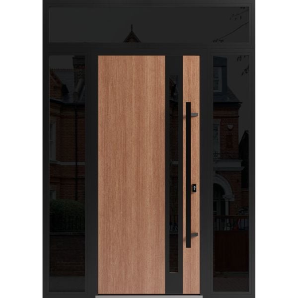 Front Exterior Prehung Steel Door / Ronex 1033 Teak / 2 Sidelight and Transom Window Sidelite / Entry Metal Modern Painted W12+36+12" x H80+16" Left hand Inswing