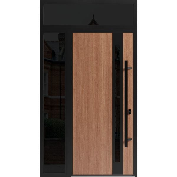 Front Exterior Prehung Steel Door / Ronex 1033 Teak / Sidelight and Transom Window Sidelite / Entry Metal Modern Painted W36+12" x H80+16" Left hand Inswing