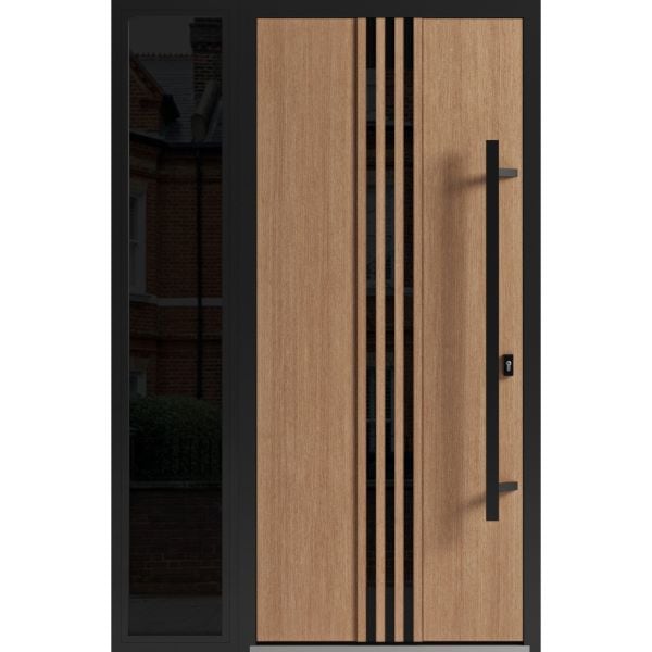 Front Exterior Prehung Steel Door / Ronex 1055 Teak / Sidelight Exterior Window Sidelite / Entry Metal Modern Painted W36+12" x H80" Left hand Inswing
