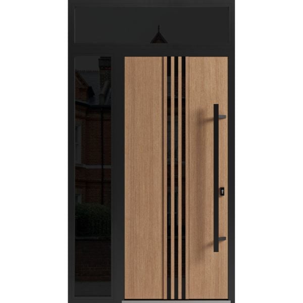 Front Exterior Prehung Steel Door / Ronex 1055 Teak / Sidelight and Transom Window Sidelite / Entry Metal Modern Painted W36+12" x H80+16" Left hand Inswing