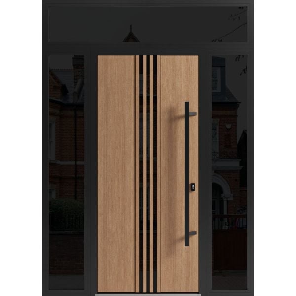 Front Exterior Prehung Steel Door / Ronex 1055 Teak / 2 Sidelight and Transom Window Sidelite / Entry Metal Modern Painted W12+36+12" x H80+16" Left hand Inswing