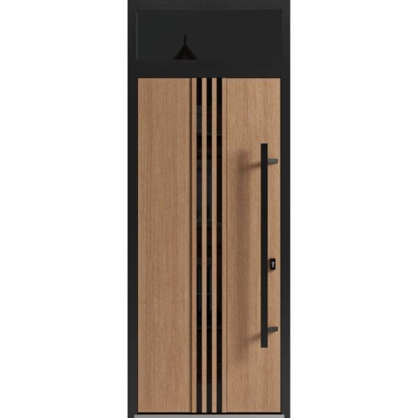 Front Exterior Prehung Steel Door / Ronex 1055 Teak 96" / Transom Window Sidelite / Entry Metal Modern Painted W36" x H96+16" Left hand Inswing