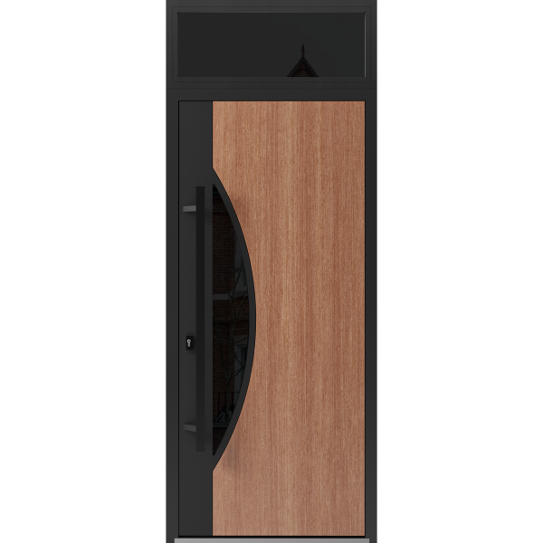 Front Exterior Prehung Steel Door / Ronex 1077 Teak / Transom Window Sidelite / Entry Metal Modern Painted W36" x H80+16" Right hand Inswing