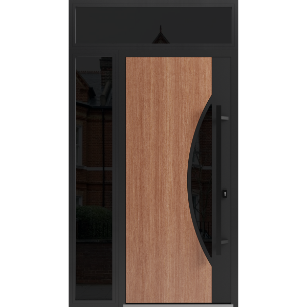 Front Exterior Prehung Steel Door / Ronex 1077 Teak / Sidelight and Transom Window Sidelite / Entry Metal Modern Painted W36+12" x H80+16" Left hand Inswing
