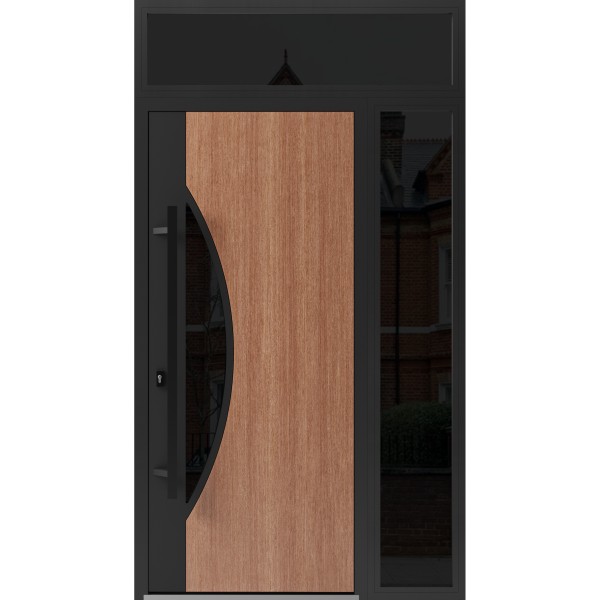 Front Exterior Prehung Steel Door / Ronex 1077 Teak / Sidelight and Transom Window Sidelite / Entry Metal Modern Painted W36+14" x H80+16" Right hand Inswing