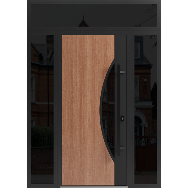 Front Exterior Prehung Steel Door / Ronex 1077 Teak / 2 Sidelight and Transom Window Sidelite / Entry Metal Modern Painted W12+36+12" x H80+16" Left hand Inswing