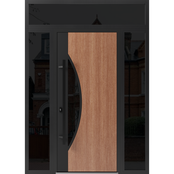 Front Exterior Prehung Steel Door / Ronex 1077 Teak / 2 Sidelight and Transom Window Sidelite / Entry Metal Modern Painted W12+36+12" x H80+16" Right hand Inswing