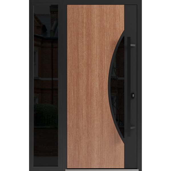 Front Exterior Prehung Steel Door / Ronex 1077 Teak / Sidelight Exterior Window Sidelite / Entry Metal Modern Painted W36+12" x H80" Left hand Inswing