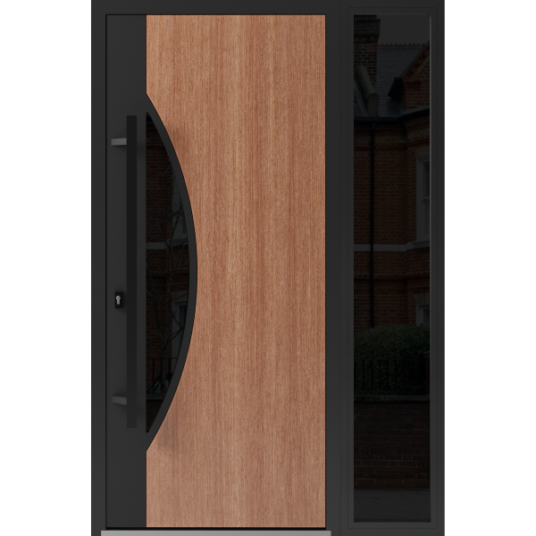 Front Exterior Prehung Steel Door / Ronex 1077 Teak / Sidelight Exterior Window Sidelite / Entry Metal Modern Painted W36+16" x H80" Right hand Inswing