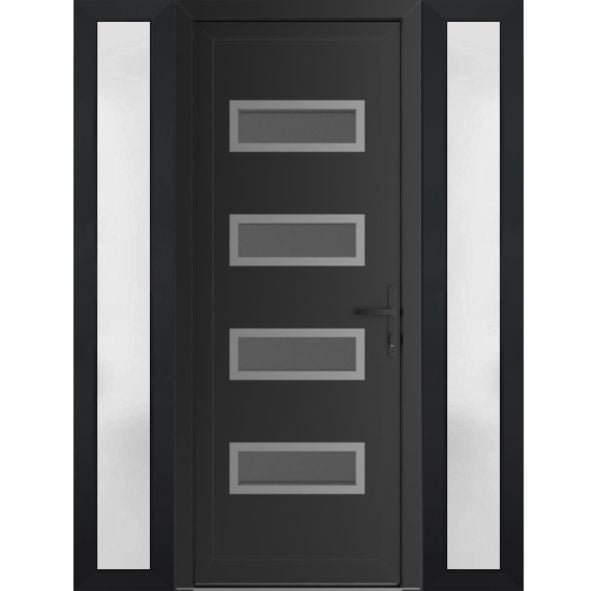 Front Exterior Prehung Metal-PlasticDoor | Manux 8113 Matte Black | 2 Side Sidelite Transoms | Office Commercial and Residential Doors Entrance Patio Garage 56" x 80" (W12+32+12" x H80") Left hand Inswing
