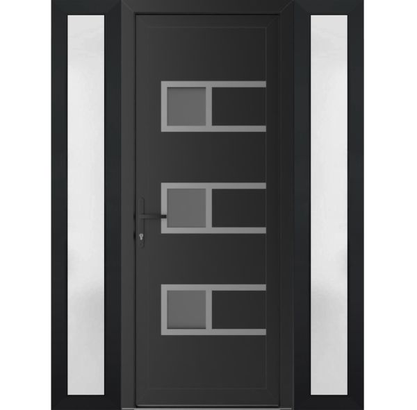 Front Exterior Prehung Metal-PlasticDoor | Manux 8933 Matte Black | 2 Side Sidelite Transoms | Office Commercial and Residential Doors Entrance Patio Garage 58" x 80" (W14+30+14" x H80") Right hand Inswing