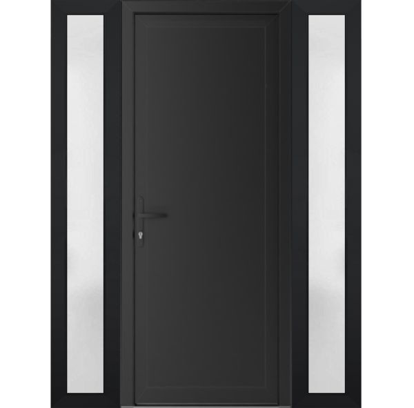 Front Exterior Prehung Metal-PlasticDoor Frosted Glass | Manux 8111 Matte Black | 2 Side Sidelite Transoms | Office Commercial and Residential Doors Entrance Patio Garage 64" x 80" (W14+36+14" x H80") Right hand Inswing