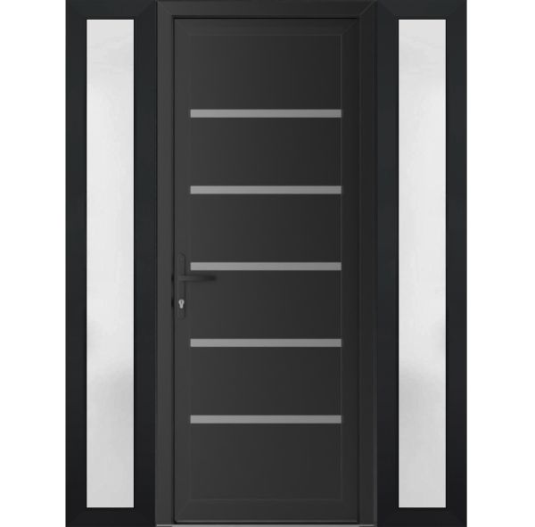 Front Exterior Prehung Metal-PlasticDoor | Manux 8415 Matte Black | 2 Side Sidelite Transoms | Office Commercial and Residential Doors Entrance Patio Garage 64" x 80" (W14+36+14" x H80") Right hand Inswing
