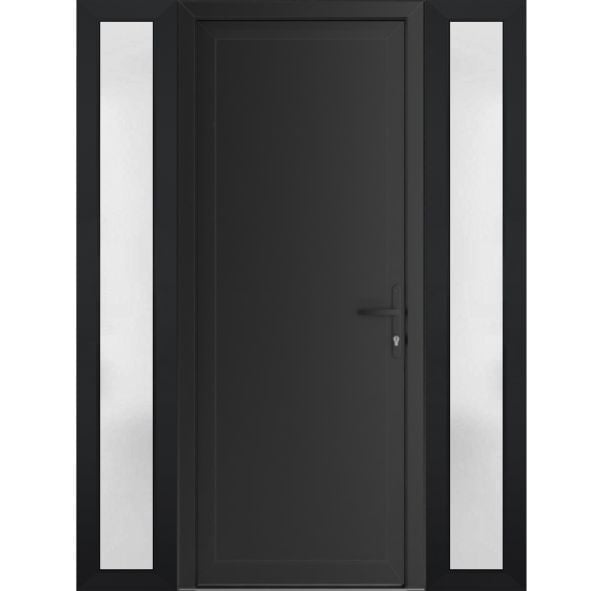 Front Exterior Prehung Metal-PlasticDoor Frosted Glass | Manux 8111 Matte Black | 2 Side Sidelite Transoms | Office Commercial and Residential Doors Entrance Patio Garage 64" x 80" (W14+36+14" x H80") Left hand Inswing