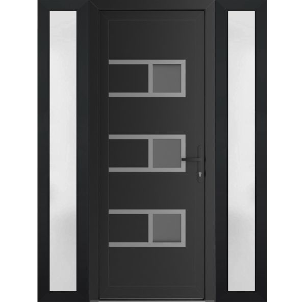 Front Exterior Prehung Metal-PlasticDoor | Manux 8933 Matte Black | 2 Side Sidelite Transoms | Office Commercial and Residential Doors Entrance Patio Garage 54" x 80" (W12+30+12" x H80") Left hand Inswing