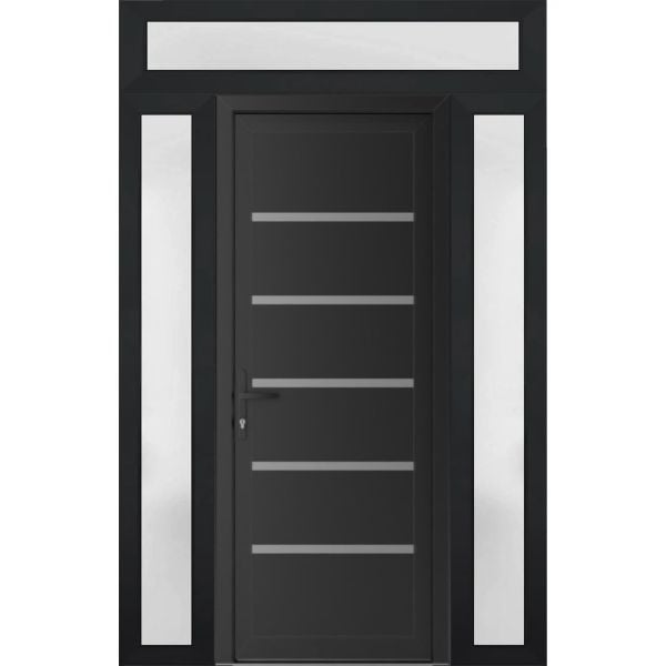 Front Exterior Prehung Metal-PlasticDoor | Manux 8415 Matte Black | 2 Side and Top Sidelite Transom | Office Commercial and Residential Doors Entrance Patio Garage 54" x 94" (W12+30+12" x H80+14") Right hand Inswing