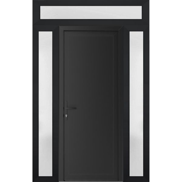 Front Exterior Prehung Metal-PlasticDoor Frosted Glass | Manux 8111 Matte Black | 2 Side and Top Sidelite Transom | Office Commercial and Residential Doors Entrance Patio Garage 60" x 94" (W12+36+12" x H80+14") Right hand Inswing