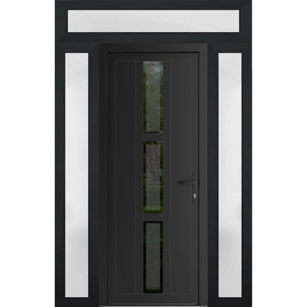 Front Exterior Prehung Metal-PlasticDoor | Manux 8112 Matte Black | 2 Side and Top Sidelite Transom | Office Commercial and Residential Doors Entrance Patio Garage 68" x 94" (W16+36+16" x H80+14") Left hand Inswing