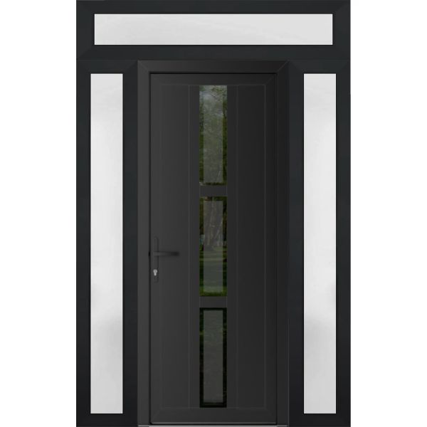 Front Exterior Prehung Metal-PlasticDoor | Manux 8112 Matte Black | 2 Side and Top Sidelite Transom | Office Commercial and Residential Doors Entrance Patio Garage 68" x 94" (W16+36+16" x H80+14") Right hand Inswing