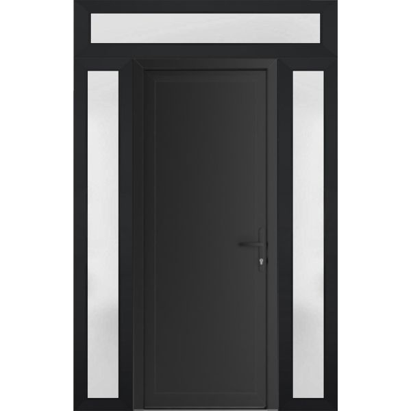 Front Exterior Prehung Metal-PlasticDoor Frosted Glass | Manux 8111 Matte Black | 2 Side and Top Sidelite Transom | Office Commercial and Residential Doors Entrance Patio Garage 64" x 94" (W14+36+14" x H80+14") Left hand Inswing