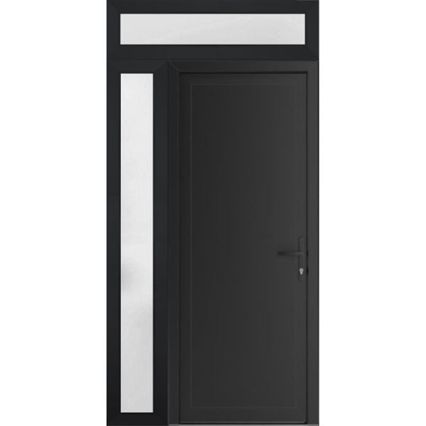Front Exterior Prehung Metal-PlasticDoor Frosted Glass | Manux 8111 Matte Black | Side and Top Sidelite Transom | Office Commercial and Residential Doors Entrance Patio Garage 50" x 94" (W36+14" x H80+14") Left hand Inswing