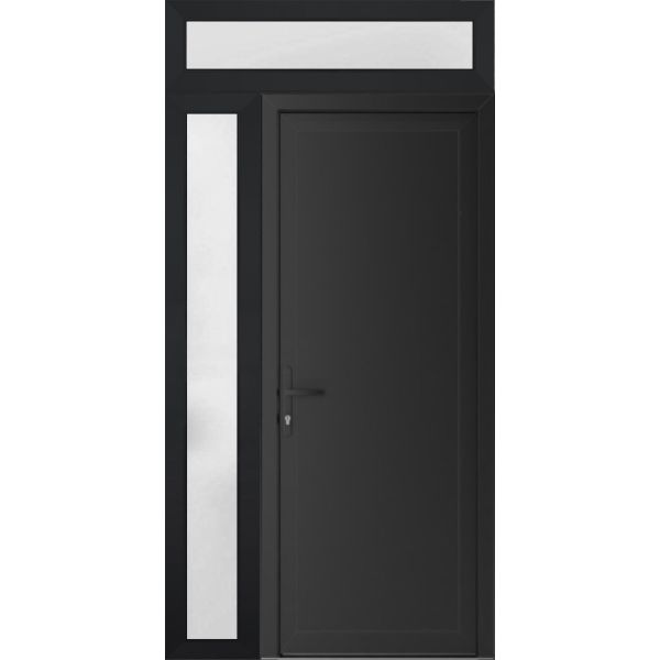 Front Exterior Prehung Metal-PlasticDoor Frosted Glass | Manux 8111 Matte Black | Side and Top Sidelite Transom | Office Commercial and Residential Doors Entrance Patio Garage 48" x 94" (W36+12" x H80+14") Right hand Inswing