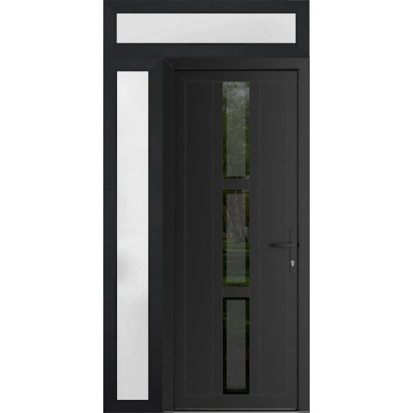 Front Exterior Prehung Metal-PlasticDoor | Manux 8112 Matte Black | Side and Top Sidelite Transom | Office Commercial and Residential Doors Entrance Patio Garage 48" x 94" (W36+12" x H80+14") Left hand Inswing
