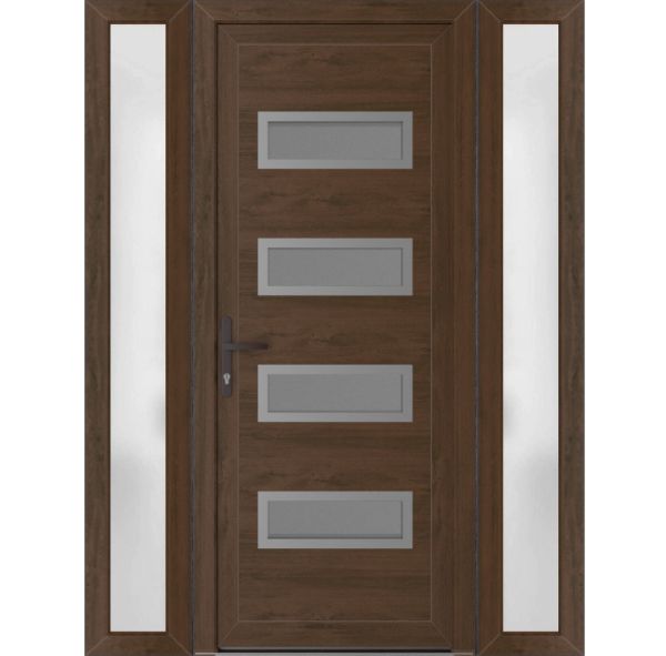 Front Exterior Prehung Metal-PlasticDoor | Manux 8113 Walnut | 2 Side Sidelite Transoms | Office Commercial and Residential Doors Entrance Patio Garage 60" x 80" (W14+32+14" x H80") Right hand Inswing