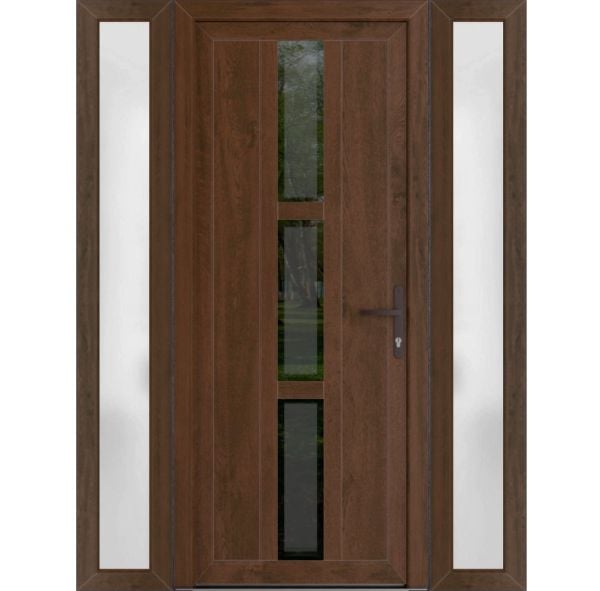 Front Exterior Prehung Metal-PlasticDoor | Manux 8112 Walnut | 2 Side Sidelite Transoms | Office Commercial and Residential Doors Entrance Patio Garage 60" x 80" (W12+36+12" x H80") Left hand Inswing