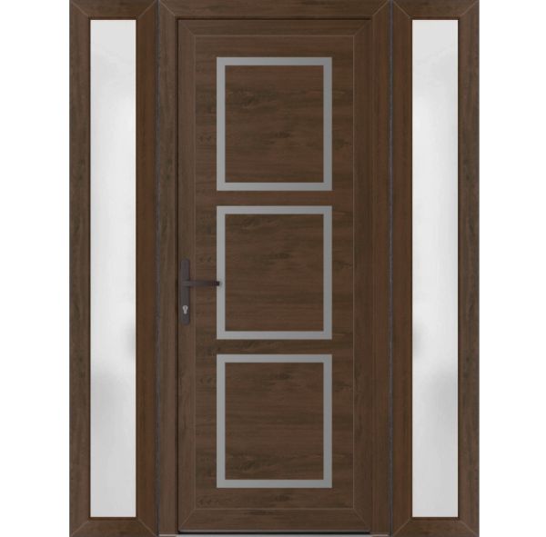 Front Exterior Prehung Metal-PlasticDoor | Manux 8661 Walnut | 2 Side Sidelite Transoms | Office Commercial and Residential Doors Entrance Patio Garage 60" x 80" (W12+36+12" x H80") Right hand Inswing