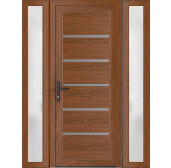 Front Exterior Prehung Metal-PlasticDoor | Manux 8415 Walnut | 2 Side Sidelite Transoms | Office Commercial and Residential Doors Entrance Patio Garage 56" x 80" (W12+32+12" x H80") Right hand Inswing