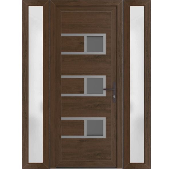 Front Exterior Prehung Metal-PlasticDoor | Manux 8933 Walnut | 2 Side Sidelite Transoms | Office Commercial and Residential Doors Entrance Patio Garage 68" x 80" (W16+36+16" x H80") Left hand Inswing