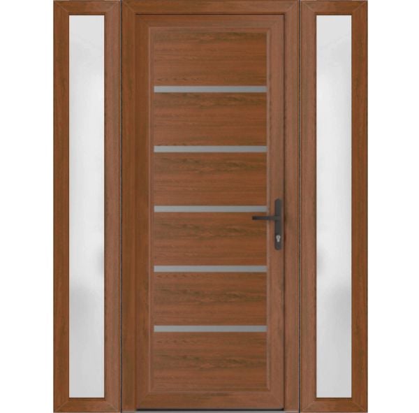 Front Exterior Prehung Metal-PlasticDoor | Manux 8415 Walnut | 2 Side Sidelite Transoms | Office Commercial and Residential Doors Entrance Patio Garage 64" x 80" (W14+36+14" x H80") Left hand Inswing