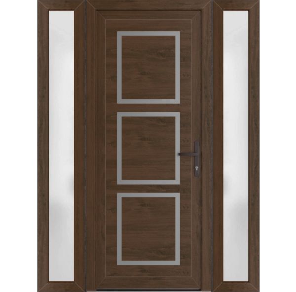 Front Exterior Prehung Metal-PlasticDoor | Manux 8661 Walnut | 2 Side Sidelite Transoms | Office Commercial and Residential Doors Entrance Patio Garage 60" x 80" (W12+36+12" x H80") Left hand Inswing