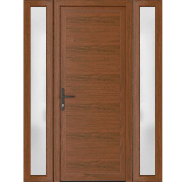Front Exterior Prehung Metal-PlasticDoor Frosted Glass | Manux 8111 Walnut | 2 Side Sidelite Transoms | Office Commercial and Residential Doors Entrance Patio Garage 60" x 80" (W12+36+12" x H80") Right hand Inswing