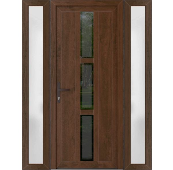 Front Exterior Prehung Metal-PlasticDoor | Manux 8112 Walnut | 2 Side Sidelite Transoms | Office Commercial and Residential Doors Entrance Patio Garage 68" x 80" (W16+36+16" x H80") Right hand Inswing
