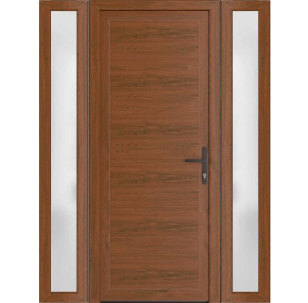 Front Exterior Prehung Metal-PlasticDoor Frosted Glass | Manux 8111 Walnut | 2 Side Sidelite Transoms | Office Commercial and Residential Doors Entrance Patio Garage 64" x 80" (W14+36+14" x H80") Left hand Inswing