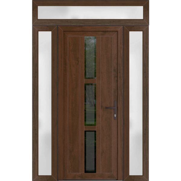 Front Exterior Prehung Metal-PlasticDoor | Manux 8112 Walnut | 2 Side and Top Sidelite Transom | Office Commercial and Residential Doors Entrance Patio Garage 60" x 94" (W12+36+12" x H80+14") Left hand Inswing