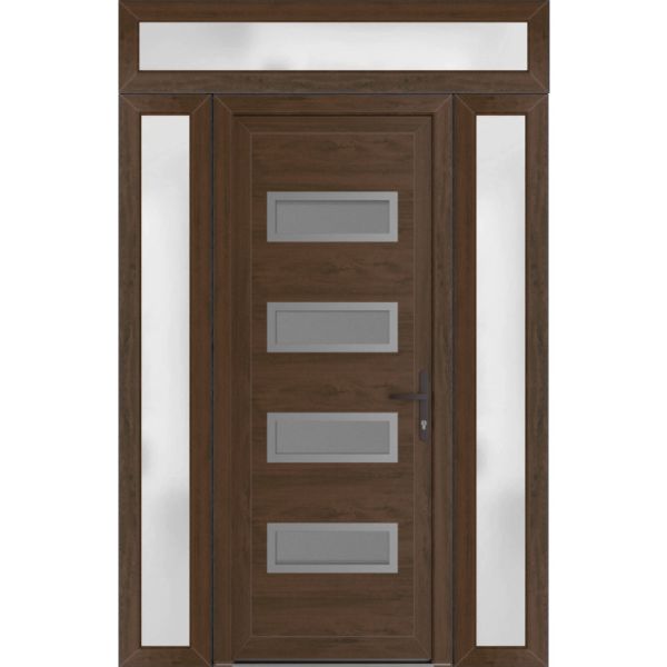 Front Exterior Prehung Metal-PlasticDoor | Manux 8113 Walnut | 2 Side and Top Sidelite Transom | Office Commercial and Residential Doors Entrance Patio Garage 60" x 94" (W14+32+14" x H80+14") Left hand Inswing