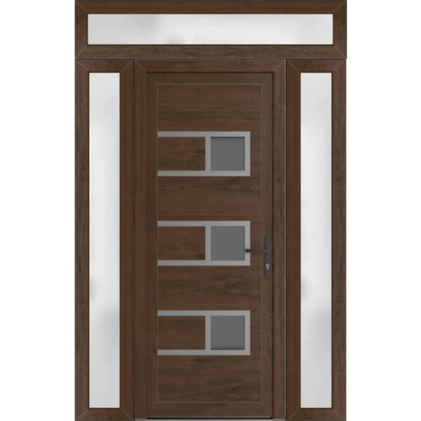 Front Exterior Prehung Metal-PlasticDoor | Manux 8933 Walnut | 2 Side and Top Sidelite Transom | Office Commercial and Residential Doors Entrance Patio Garage 58" x 94" (W14+30+14" x H80+14")Left hand Inswing
