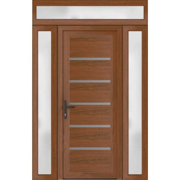 Front Exterior Prehung Metal-PlasticDoor | Manux 8415 Walnut | 2 Side and Top Sidelite Transom | Office Commercial and Residential Doors Entrance Patio Garage 58" x 94" (W14+30+14" x H80+14")Right hand Inswing