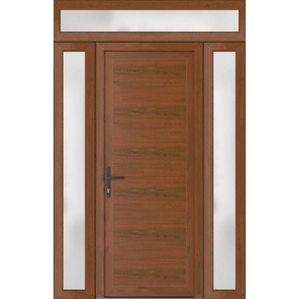 Front Exterior Prehung Metal-PlasticDoor Frosted Glass | Manux 8111 Walnut | 2 Side and Top Sidelite Transom | Office Commercial and Residential Doors Entrance Patio Garage 64" x 94" (W14+36+14" x H80+14") Right hand Inswing
