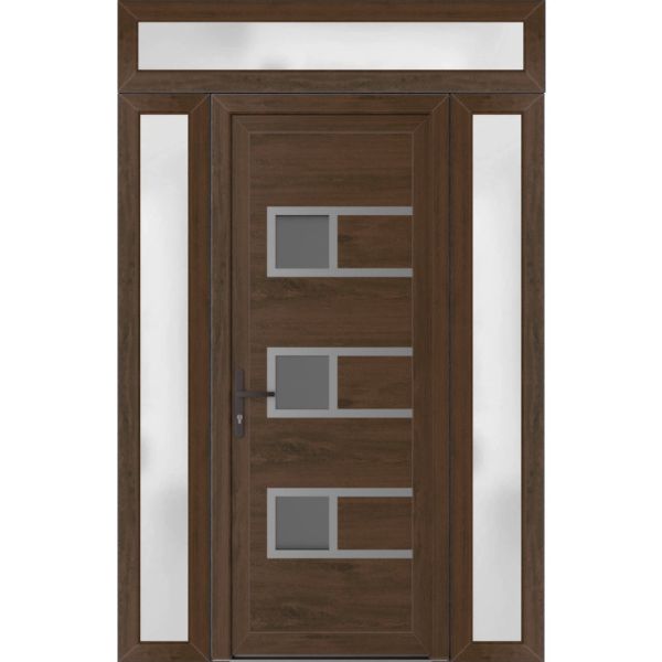 Front Exterior Prehung Metal-PlasticDoor | Manux 8933 Walnut | 2 Side and Top Sidelite Transom | Office Commercial and Residential Doors Entrance Patio Garage 60" x 94" (W12+36+12" x H80+14") Right hand Inswing