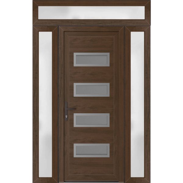 Front Exterior Prehung Metal-PlasticDoor | Manux 8113 Walnut | 2 Side and Top Sidelite Transom | Office Commercial and Residential Doors Entrance Patio Garage 60" x 94" (W14+32+14" x H80+14") Right hand Inswing