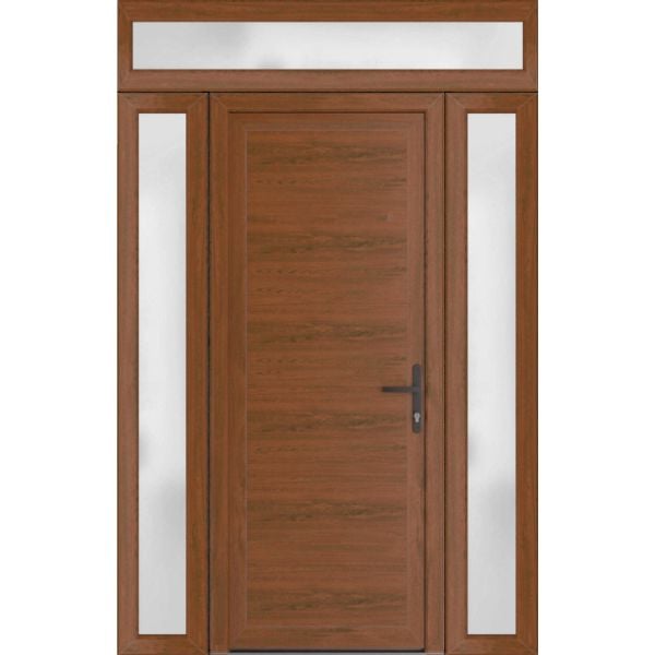 Front Exterior Prehung Metal-PlasticDoor Frosted Glass | Manux 8111 Walnut | 2 Side and Top Sidelite Transom | Office Commercial and Residential Doors Entrance Patio Garage 60" x 94" (W12+36+12" x H80+14") Left hand Inswing