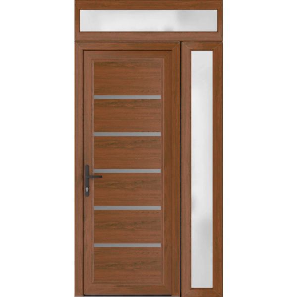 Front Exterior Prehung Metal-PlasticDoor | Manux 8415 Walnut | Side and Top Sidelite Transom | Office Commercial and Residential Doors Entrance Patio Garage 52" x 94" (W36+16" x H80+14") Right hand Inswing