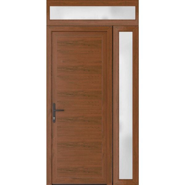 Front Exterior Prehung Metal-PlasticDoor Frosted Glass | Manux 8111 Walnut | Side and Top Sidelite Transom | Office Commercial and Residential Doors Entrance Patio Garage 52" x 94" (W36+16" x H80+14") Right hand Inswing