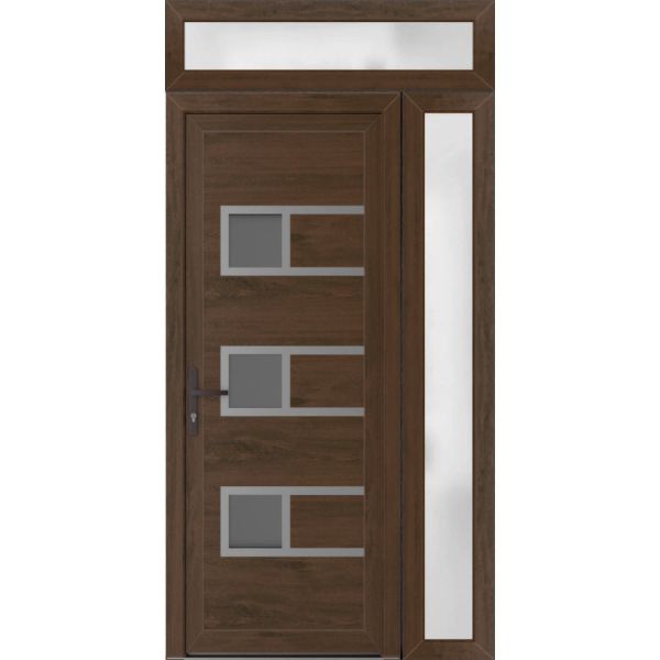 Front Exterior Prehung Metal-PlasticDoor | Manux 8933 Walnut | Side and Top Sidelite Transom | Office Commercial and Residential Doors Entrance Patio Garage 48" x 94" (W32+16" x H80+14") Right hand Inswing